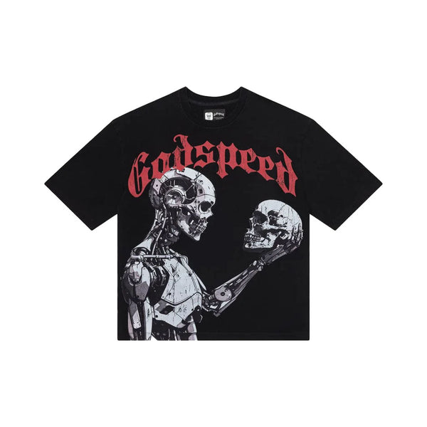 GODSPEED "HUMAN VS AI" TEE (BLACK WASH/RED LETTERS)
