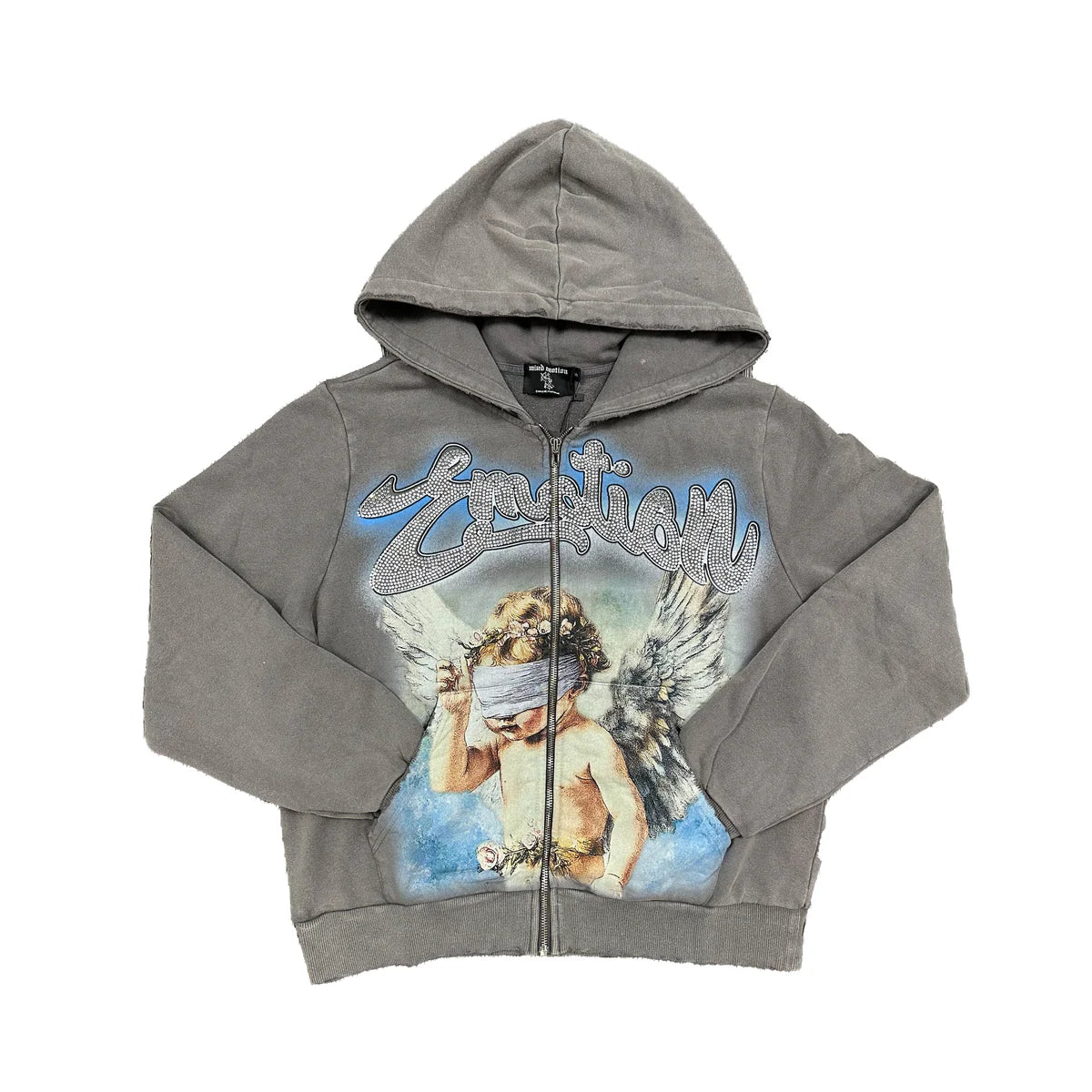 MIXED EMOTION GREY RHINESTONE ZIP UP HOODIE (GREY)