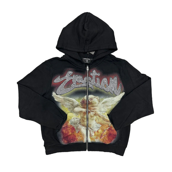 MIXED EMOTION BLACK RHINESTONE ZIP-UP HOODIE (BLACK)