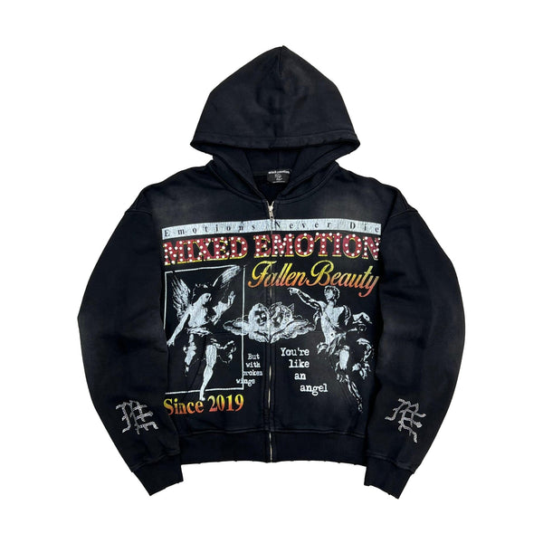 Mixed Emotion Broken Wings Zip-Up Hoodie (Black)