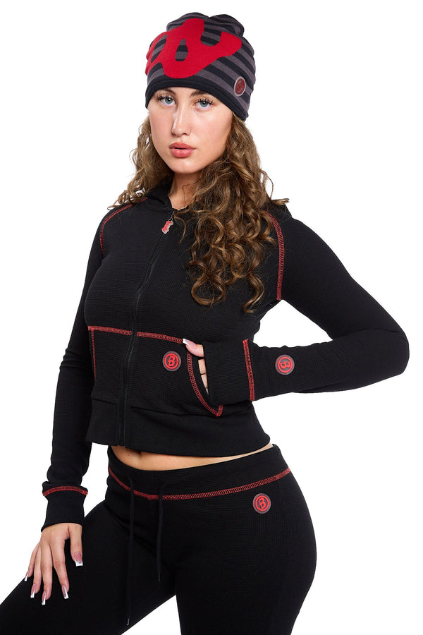 Body By Raven Waffle Knit Sweatsuit (Black Cherry/Red)