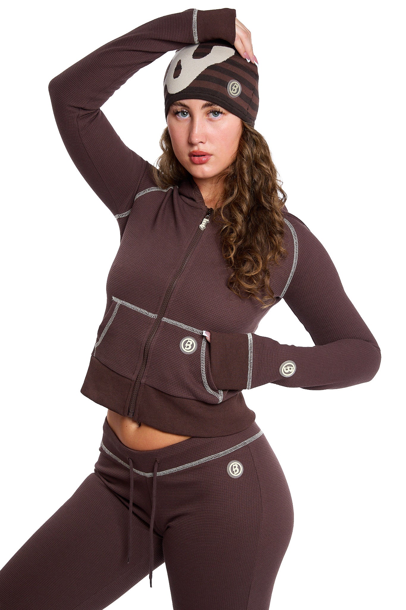Body By Raven Waffle Knit Sweatsuit (Espresso Brown/Cream)