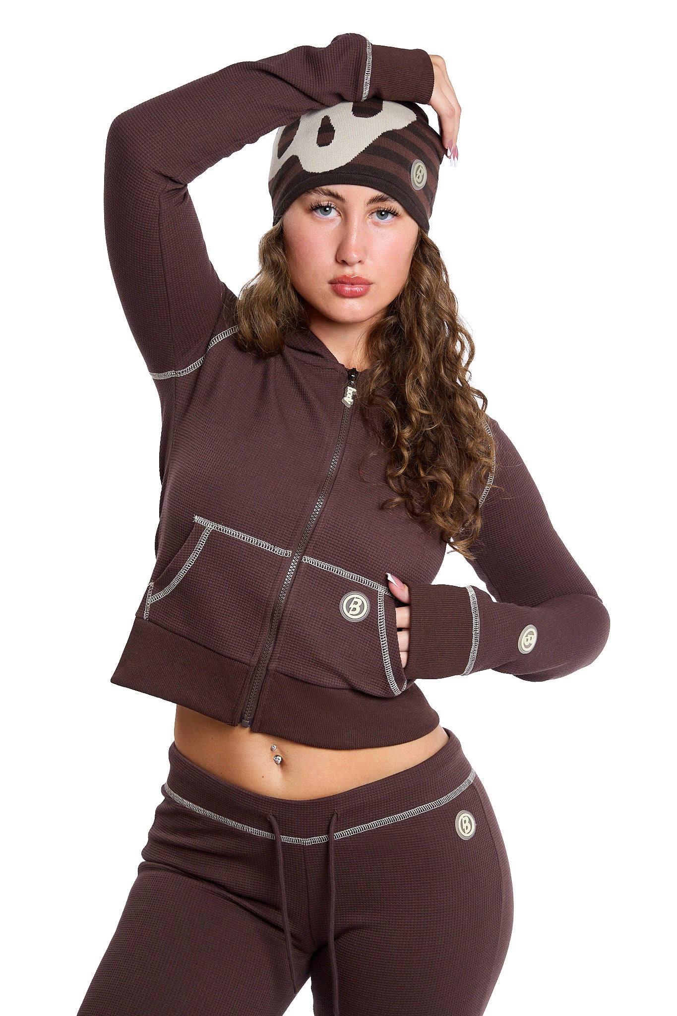 Body By Raven Waffle Knit Sweatsuit (Espresso Brown/Cream)
